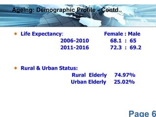 Ageing: Demographic Profile - Contd..

 Life Expectancy:
2006-2010
2011-2016

Female : Male
68.1 : 65
72.3 : 69.2

 Rural & Urban Status:
Rural Elderly
Urban Elderly

74.97%
25.02%

Page 6

 