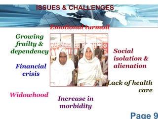 Page 9
ISSUES & CHALLENGES
Emotional turmoil
Financial
crisis
Increase in
morbidity
Social
isolation &
alienation
Lack of health
care
Widowhood
Growing
frailty &
dependency
 