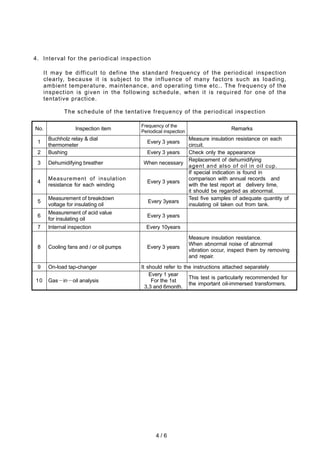 4 / 6
4. Interval for the periodical inspection
It may be difficult to define the standard frequency of the periodical inspection
clearly, because it is subject to the influence of many factors such as loading,
ambient temperature, maintenance, and operating time etc.. The frequency of the
inspection is given in the following schedule, when it is required for one of the
tentative practice.
The schedule of the tentative frequency of the periodical inspection
No. Inspection item
Frequency of the
Periodical inspection
Remarks
1
Buchholz relay & dial
thermometer
Every 3 years
Measure insulation resistance on each
circuit.
2 Bushing Every 3 years Check only the appearance
3 Dehumidifying breather When necessary
Replacement of dehumidifying
agent and also of oil in oil cup.
4
Measurement of insulation
resistance for each winding
Every 3 years
If special indication is found in
comparison with annual records and
with the test report at delivery time,
it should be regarded as abnormal.
5
Measurement of breakdown
voltage for insulating oil
Every 3years
Test five samples of adequate quantity of
insulating oil taken out from tank.
6
Measurement of acid value
for insulating oil
Every 3 years
7 Internal inspection Every 10years
8 Cooling fans and / or oil pumps Every 3 years
Measure insulation resistance.
When abnormal noise of abnormal
vibration occur, inspect them by removing
and repair.
9 On-load tap-changer It should refer to the instructions attached separately
10 Gas－in－oil analysis
Every 1 year
For the 1st
3,3 and 6month.
This test is particularly recommended for
the important oil-immersed transformers.
 