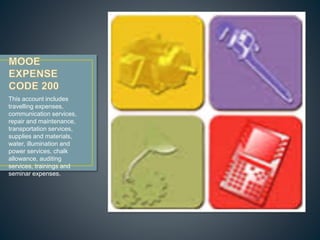 This account includes 
travelling expenses, 
communication services, 
repair and maintenance, 
transportation services, 
supplies and materials, 
water, illumination and 
power services, chalk 
allowance, auditing 
services, trainings and 
seminar expenses. 
 