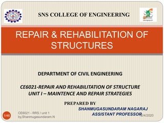 DEPARTMENT OF CIVIL ENGINEERING
CE6021-REPAIR AND REHABILITATION OF STRUCTURE
UNIT I – MAINTENCE AND REPAIR STRATEGIES
PREPARED BY
SHANMUGASUNDARAM NAGARAJ
ASSISTANT PROFESSOR
REPAIR & REHABILITATION OF
STRUCTURES
CE6021 - RRS / unit 1
by,Shanmugasundaram.N
SNS COLLEGE OF ENGINEERING
12/4/20201/46
 
