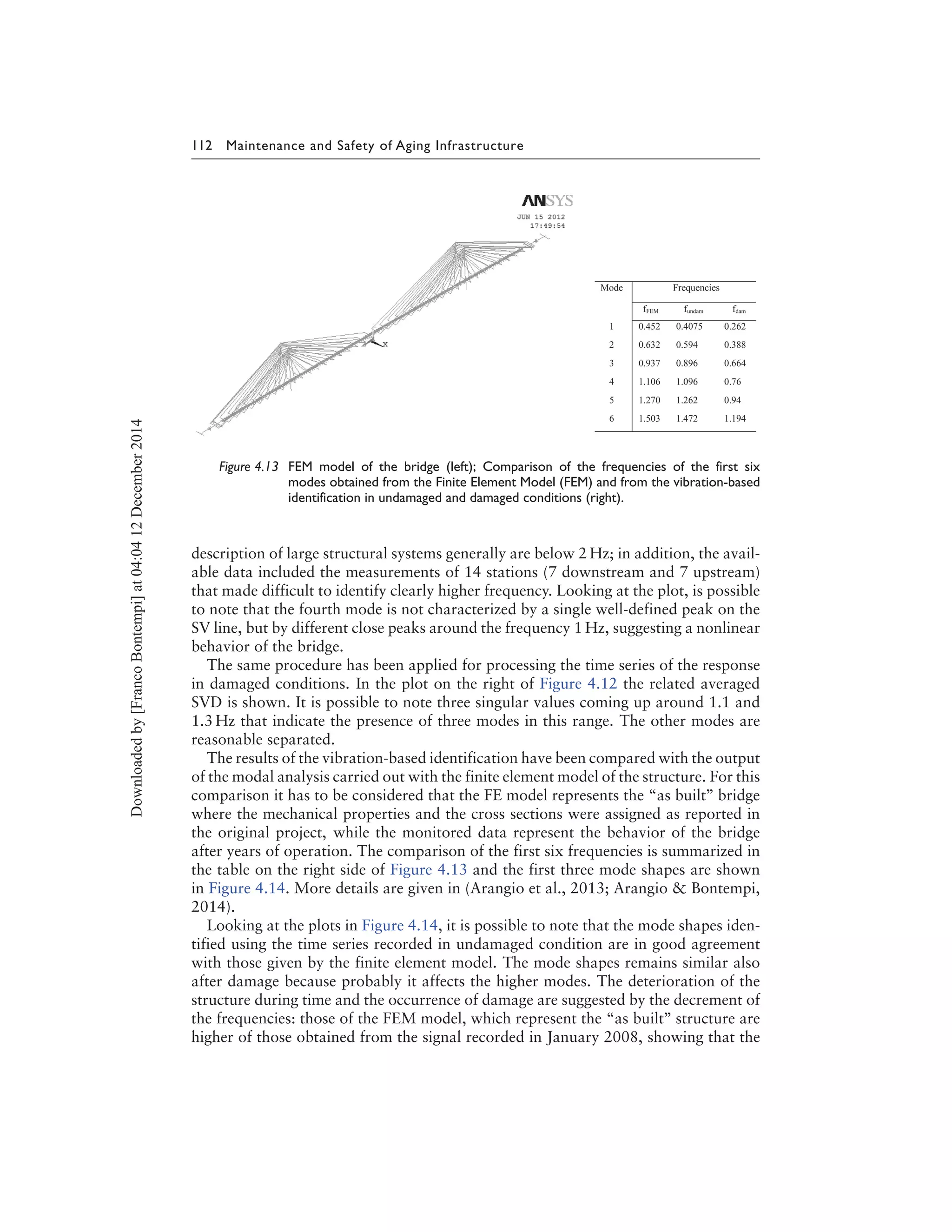 112 Maintenance and Safety of Aging Infrastructure
Figure 4.13 FEM model of the bridge (left); Comparison of the frequencies of the first six
modes obtained from the Finite Element Model (FEM) and from the vibration-based
identification in undamaged and damaged conditions (right).
description of large structural systems generally are below 2 Hz; in addition, the avail-
able data included the measurements of 14 stations (7 downstream and 7 upstream)
that made difficult to identify clearly higher frequency. Looking at the plot, is possible
to note that the fourth mode is not characterized by a single well-defined peak on the
SV line, but by different close peaks around the frequency 1 Hz, suggesting a nonlinear
behavior of the bridge.
The same procedure has been applied for processing the time series of the response
in damaged conditions. In the plot on the right of Figure 4.12 the related averaged
SVD is shown. It is possible to note three singular values coming up around 1.1 and
1.3 Hz that indicate the presence of three modes in this range. The other modes are
reasonable separated.
The results of the vibration-based identification have been compared with the output
of the modal analysis carried out with the finite element model of the structure. For this
comparison it has to be considered that the FE model represents the “as built’’ bridge
where the mechanical properties and the cross sections were assigned as reported in
the original project, while the monitored data represent the behavior of the bridge
after years of operation. The comparison of the first six frequencies is summarized in
the table on the right side of Figure 4.13 and the first three mode shapes are shown
in Figure 4.14. More details are given in (Arangio et al., 2013; Arangio & Bontempi,
2014).
Looking at the plots in Figure 4.14, it is possible to note that the mode shapes iden-
tified using the time series recorded in undamaged condition are in good agreement
with those given by the finite element model. The mode shapes remains similar also
after damage because probably it affects the higher modes. The deterioration of the
structure during time and the occurrence of damage are suggested by the decrement of
the frequencies: those of the FEM model, which represent the “as built’’ structure are
higher of those obtained from the signal recorded in January 2008, showing that the
Downloadedby[FrancoBontempi]at04:0412December2014
 