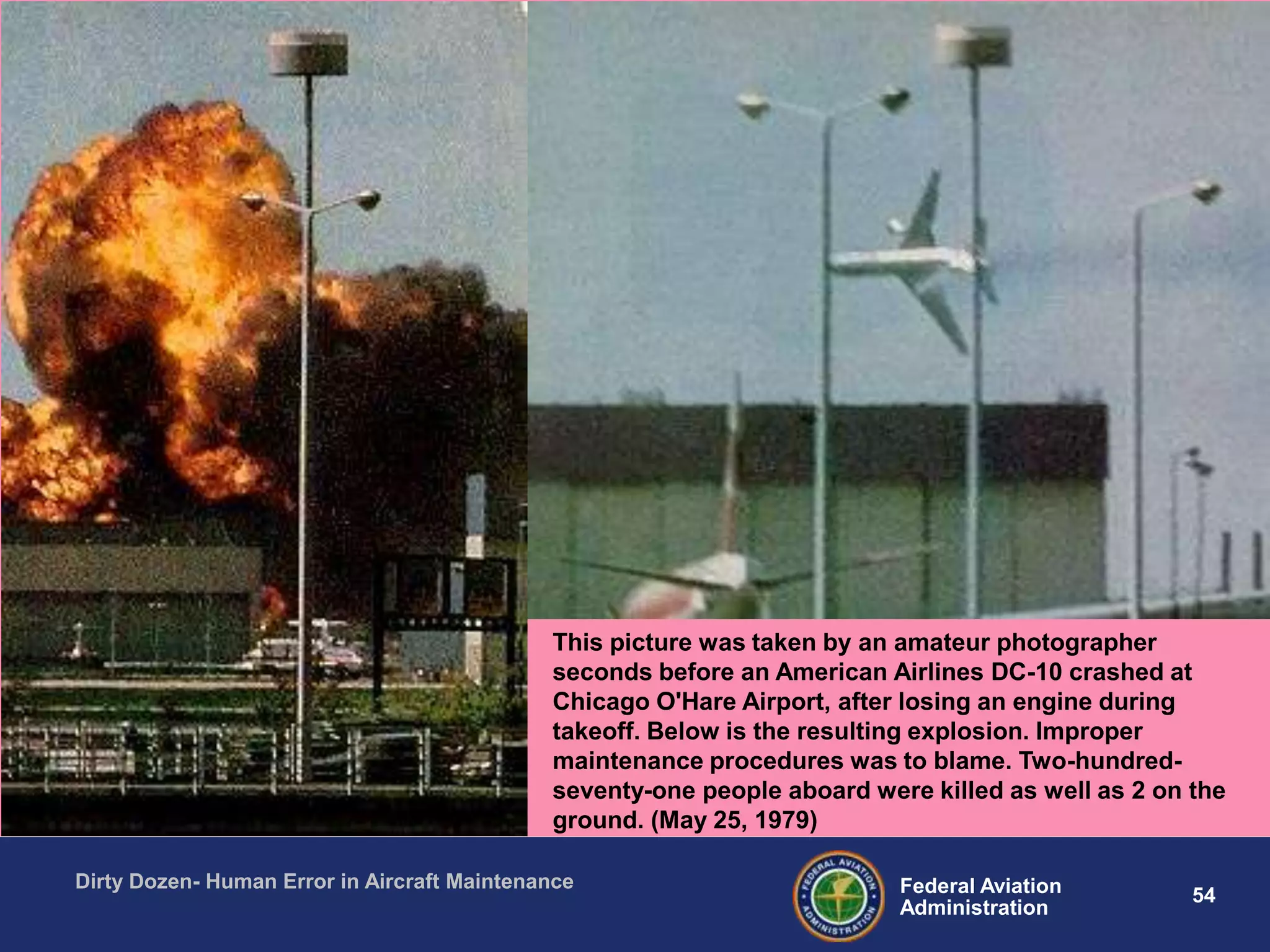 54Federal Aviation
Administration
Dirty Dozen- Human Error in Aircraft Maintenance
This picture was taken by an amateur photographer
seconds before an American Airlines DC-10 crashed at
Chicago O'Hare Airport, after losing an engine during
takeoff. Below is the resulting explosion. Improper
maintenance procedures was to blame. Two-hundred-
seventy-one people aboard were killed as well as 2 on the
ground. (May 25, 1979)
 