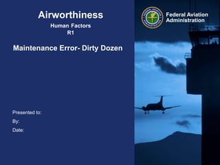 Presented to:
By:
Date:
Federal Aviation
Administration
Airworthiness
Human Factors
R1
Maintenance Error- Dirty Dozen
 