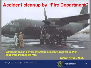 14Federal Aviation
Administration
Dirty Dozen- Human Error in Aircraft Maintenance
Accident cleanup by “Fire Department”
Carelessness and overconfidence are more dangerous than
deliberately accepted risk.
- Wilbur Wright, 1901.
 