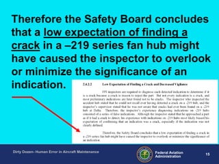 15Federal Aviation
Administration
Dirty Dozen- Human Error in Aircraft Maintenance
Therefore the Safety Board concludes
that a low expectation of finding a
crack in a –219 series fan hub might
have caused the inspector to overlook
or minimize the significance of an
indication.
 