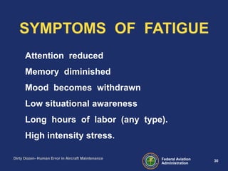 30Federal Aviation
Administration
Dirty Dozen- Human Error in Aircraft Maintenance
Attention reduced
Memory diminished
Mood becomes withdrawn
Low situational awareness
Long hours of labor (any type).
High intensity stress.
SYMPTOMS OF FATIGUE
 