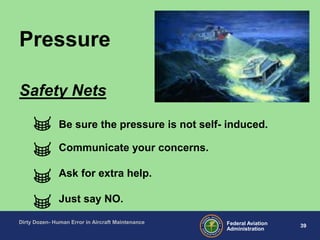 39Federal Aviation
Administration
Dirty Dozen- Human Error in Aircraft Maintenance
Be sure the pressure is not self- induced.
Communicate your concerns.
Ask for extra help.
Just say NO.
Safety Nets
Pressure
 