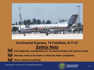 9Federal Aviation
Administration
Dirty Dozen- Human Error in Aircraft Maintenance
Safety Nets
Use logbooks, worksheets etc. to communicate and remove doubt.
Discuss work to be done or what has been completed.
Never assume anything.
Continental Express, 14 Fatalities, 9-11-91
 
