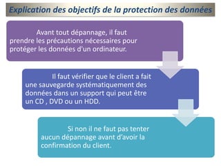 Explication des objectifs de la protection des données
Avant tout dépannage, il faut
prendre les précautions nécessaires pour
protéger les données d'un ordinateur.

Il faut vérifier que le client a fait
une sauvegarde systématiquement des
données dans un support qui peut être
un CD , DVD ou un HDD.

Si non il ne faut pas tenter
aucun dépannage avant d’avoir la
confirmation du client.

 