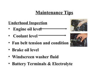Maintenance Tips

Underhood Inspection
• Engine oil level
• Coolant level
• Fan belt tension and condition
• Brake oil level
• Windscreen washer fluid
• Battery Terminals & Electrolyte
 