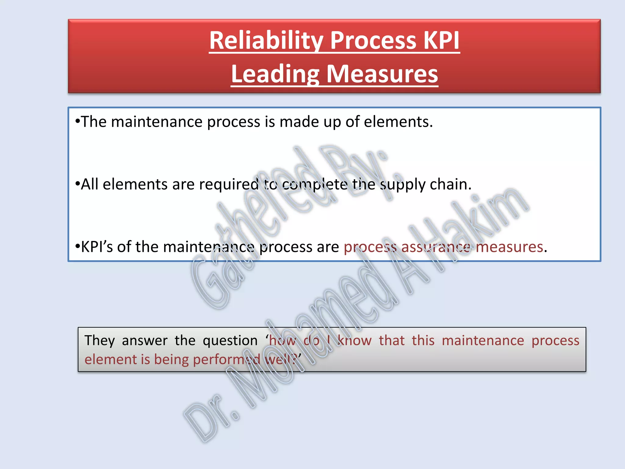 •Results measures lag.
•Failure is a good example.
Typically the same piece of equipment doesn’t fail day after day.
Take a pump for example.
Say the pump fails on average once every 8 months.
If we improve its reliability by 50% it will now fail every 12 months.
You have to wait at least 12 months to see the improvement.
IntroductionReportingKPISuccessSummaryUtilizationBenchmark
AssetReliabilityProcessPerformanceMetricsLeadingMeasuresResultMeasures
 