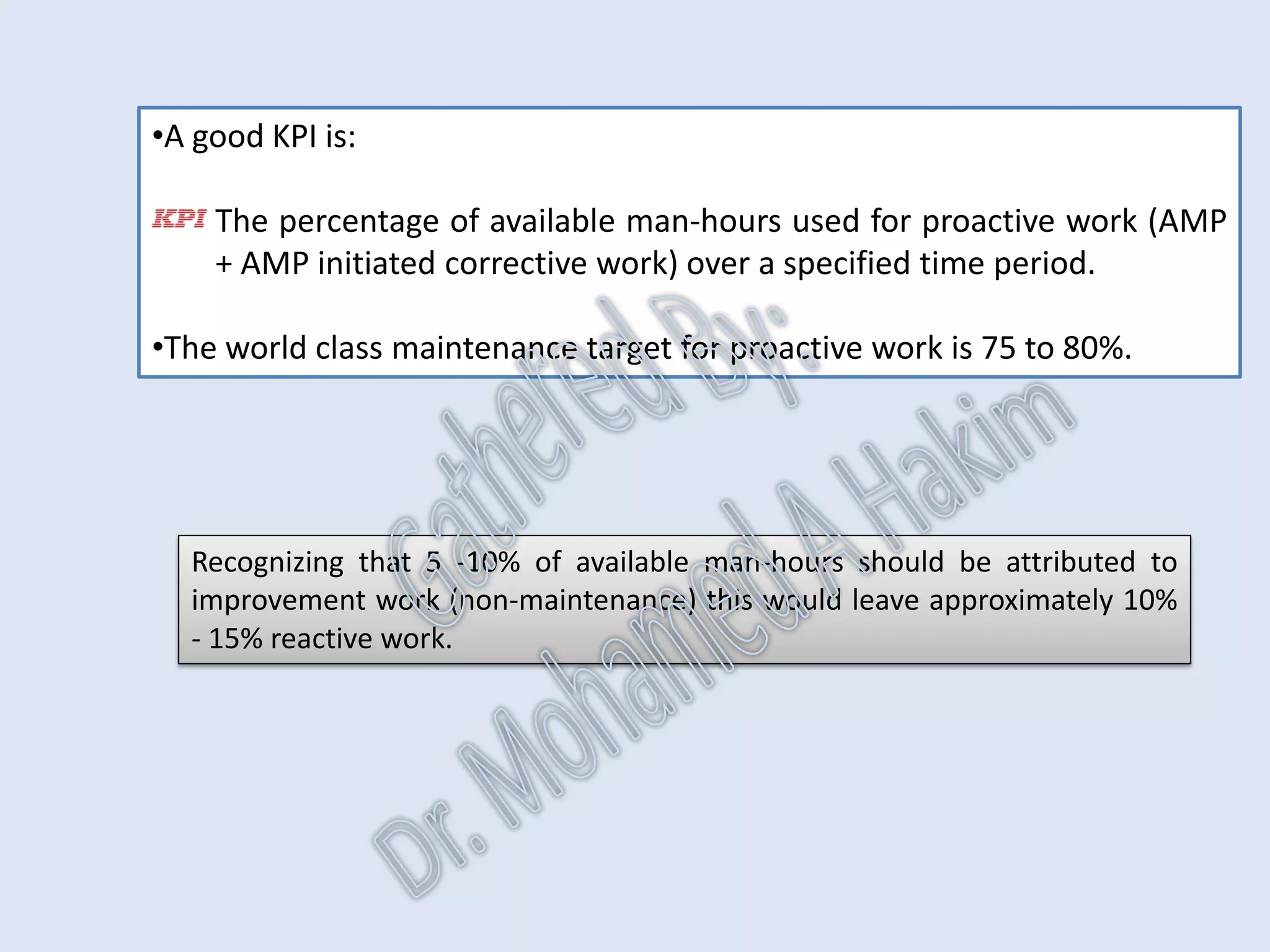 Proactive Work
•The Asset Maintenance Program (AMP) is designed to identify potential
failure conditions and known age related failure causes.
•The development of the AMP defines the routine maintenance tasks that
must be executed to achieve the performance levels required to meet
business requirements.
IntroductionReportingKPISuccessSummaryUtilizationBenchmark
If the AMP is effective, it will successfully identify and address most
maintenance preventable causes of failure.
IdentificationPlanningSchedulingExecutionFollowUpAnalysis
AssetReliabilityProcessPerformanceMetricsLeadingMeasuresResultMeasures
 