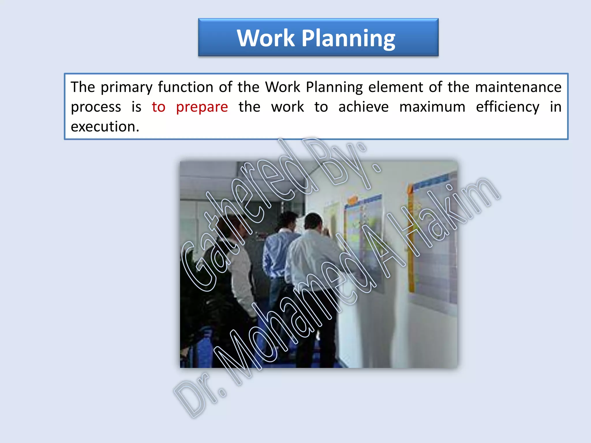•A good KPI is:
The percentage of available man-hours used for proactive work (AMP
+ AMP initiated corrective work) over a specified time period.
•The world class maintenance target for proactive work is 75 to 80%.
IntroductionReportingKPISuccessSummaryUtilizationBenchmark
Recognizing that 5 -10% of available man-hours should be attributed to
improvement work (non-maintenance) this would leave approximately 10%
- 15% reactive work.
IdentificationPlanningSchedulingExecutionFollowUpAnalysis
AssetReliabilityProcessPerformanceMetricsLeadingMeasuresResultMeasures
 