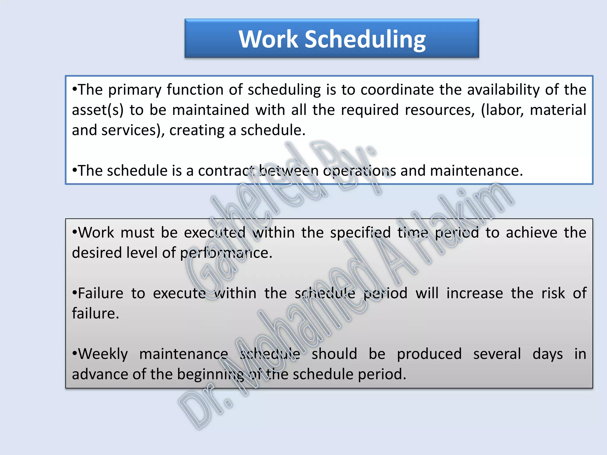Quality of Planning
The accuracy of estimating labor can be measured by:
The percentage of work orders with man-hour estimates within 10%
of actual over the specified time period.
•Estimating accuracy of greater than 90% would be the expected level of
world class maintenance performance.
The accuracy of estimating material can be measured by:
The percentage of planned, scheduled and assigned work orders,
where execution is delayed due to the need for materials (spare
parts) over the specified time period.
•The world class maintenance expectation is that less than 2% of all work
assigned will have a material deficiency (due to planning)
IntroductionReportingKPISuccessSummaryUtilizationBenchmark
IdentificationPlanningSchedulingExecutionFollowUpAnalysis
AssetReliabilityProcessPerformanceMetricsLeadingMeasuresResultMeasures
 