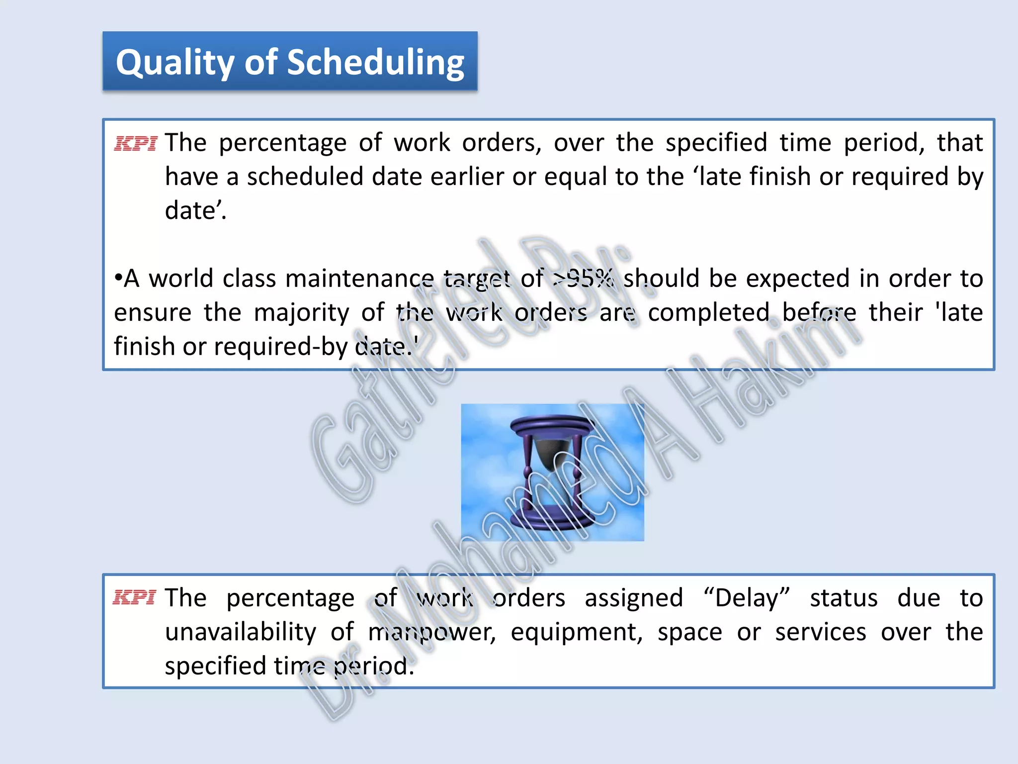Work Scheduling
•The primary function of scheduling is to coordinate the availability of the
asset(s) to be maintained with all the required resources, (labor, material
and services), creating a schedule.
•The schedule is a contract between operations and maintenance.
•Work must be executed within the specified time period to achieve the
desired level of performance.
•Failure to execute within the schedule period will increase the risk of
failure.
•Weekly maintenance schedule should be produced several days in
advance of the beginning of the schedule period.
IntroductionReportingKPISuccessSummaryUtilizationBenchmark
IdentificationPlanningSchedulingExecutionFollowUpAnalysis
AssetReliabilityProcessPerformanceMetricsLeadingMeasuresResultMeasures
 