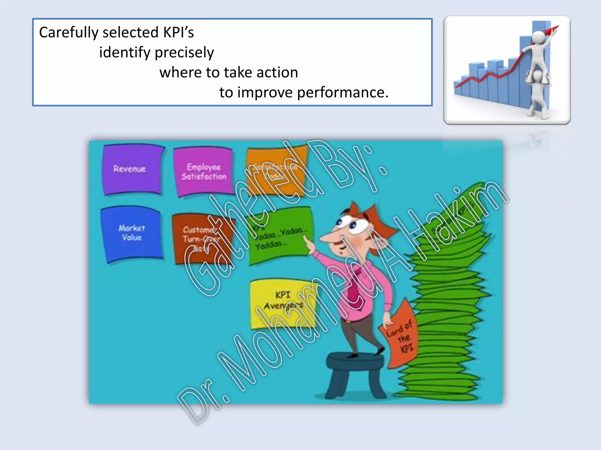 The measurement of performance is important:
• It identifies gaps between current and desired performance,
• It indicates of progress towards closing the gaps.
IntroductionReportingKPISuccessSummaryUtilizationBenchmark
 