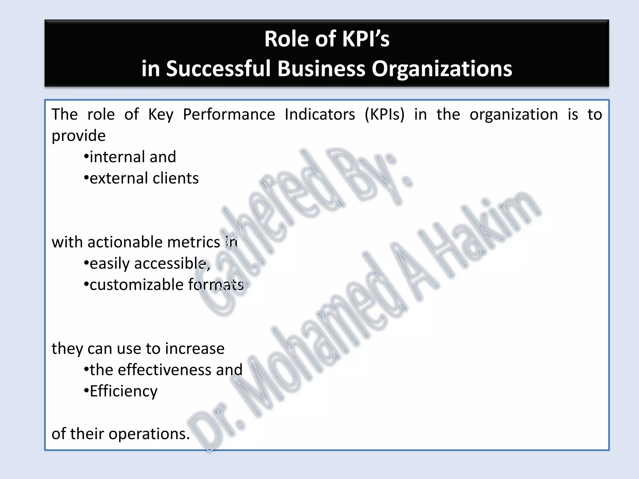 Reporting and Use of KPI’s
•KPI’s should be aligned with defined roles and responsibilities for the
maintenance function against the assets for which they apply.
•For example:
A planner responsible for ‘Area A’ would be responsible for the planning
function KPI’s for the ‘Area A’ assets.
The manager responsible for ‘Area A’ assets would monitor all process
and result metrics for Area A.
Each metric should roll up the asset hierarchy, in alignment with
individual responsibility for the assets.
Management action is directed at improving compliance with the
requirements of Work Identification, Planning, Scheduling, Execution and
Followup.
IntroductionReportingKPISuccessSummaryUtilizationBenchmark
 