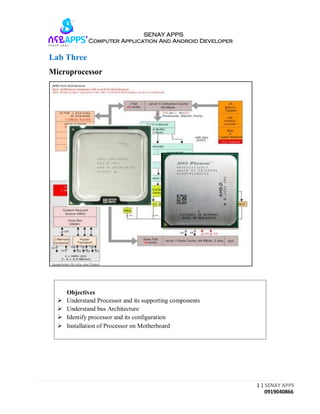 1 | SENAY APPS
0919040866
SENAY APPS
Computer Application And Android Developer
Lab Three
Microprocessor
Objectives
 Understand Processor and its supporting components
 Understand bus Architecture
 Identify processor and its configuration
 Installation of Processor on Motherboard
 