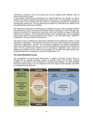 maintenance contributors may all be positive and yet the resulting asset utilization may not
improve due to other causes.
A key principle of performance management is to measure what you can manage. In order to
maintain and improve manufacturing performance each function in the organization must focus
on the portion of the indicators that they influence. Maintenance performance contributes to
manufacturing performance. The key performance indicators for maintenance are children of the
manufacturing key performance indicators.
Key performance indicators for maintenance are selected ensuring a direct correlation between
the maintenance activity and the key performance indicator measuring it. When defining a key
performance indicator for maintenance a good test of the metric validity is to seek an affirmative
response to the question; “If the maintenance function does ‘everything right’, will the suggested
metric always reflect a result proportional to the change; or are there other factors, external to
maintenance, that could mask the improvement?”
This paper focuses on defining key performance indicators for the maintenance function, not the
maintenance organization. The maintenance function can involve other departments beyond the
maintenance organization. Similarly, the maintenance department has added responsibilities
beyond the maintenance function and, as such, will have additional key performance indicators to
report. The key performance indicators for the maintenance organization may include key
performance indicators for other areas of accountability such as health and safety performance,
employee performance management, training and development, etc.
The Asset Reliability Process
The management of physical asset performance is integral to business success. What we
manage are the business processes required to produce results. One of these business
processes is responsible for the maintenance of physical asset reliability. The Asset Reliability
Process is shown in Figure 3. It is an integral part of a much larger business process responsible
for managing the total enterprise.
4
 