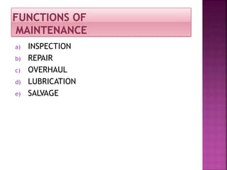 a) INSPECTION
b) REPAIR
c) OVERHAUL
d) LUBRICATION
e) SALVAGE
 
