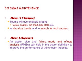SIX SIGMA MAINTENANCE
 PhaseA (Analyze)
Teams will use analysis graphs
 Pareto, scatter, run chart, box plots, etc.
to visualize trends and to search for root causes.
 PhaseI(Improve)
An action plan and failure mode and effects
analysis (FMEA) can help in the action definition to
improve the performance of the chosen indexes.
 