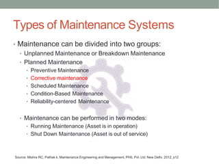 Types of Maintenance Systems
• Maintenance can be divided into two groups:
• Unplanned Maintenance or Breakdown Maintenance
• Planned Maintenance
• Preventive Maintenance
• Corrective maintenance
• Scheduled Maintenance
• Condition-Based Maintenance
• Reliability-centered Maintenance
• Maintenance can be performed in two modes:
• Running Maintenance (Asset is in operation)
• Shut Down Maintenance (Asset is out of service)
Source: Mishra RC, Pathak k, Maintenance Engineering and Management, PHIL Pvt. Ltd. New Delhi, 2012, p12
 