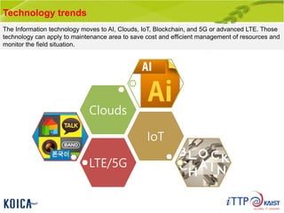 Technology trends
LTE/5G
IoT
Clouds
The Information technology moves to AI, Clouds, IoT, Blockchain, and 5G or advanced LTE. Those
technology can apply to maintenance area to save cost and efficient management of resources and
monitor the field situation.
 