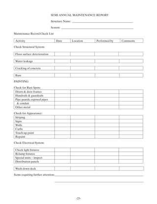 SEMI ANNUAL MAINTENANCE REPORT

                               Structure Name: ___________________________________________

                               Season: ___________________________________________________

Maintenance Record Check List

 Activity                         Date        Location         Performed by      Comments

Check Structural System:

 Floor surface deterioration

 Water leakage

 Cracking of concrete

 Rust

PAINTING

Check for Rust Spots:
 Doors & door frames
 Handrails & guardrails
 Pipe guards, exposed pipes
  & conduit
 Other metal

Check for Appearance:
 Striping
 Signs
 Walls
 Curbs
 Touch-up paint
 Repaint

Check Electrical System:

 Check light ﬁxtures
 Relamp ﬁxtures
 Special units – inspect
 Distribution panels

 Wash down deck

Items requiring further attention:_______________________________________________________________

                                 _______________________________________________________________




                                                 -25-
 