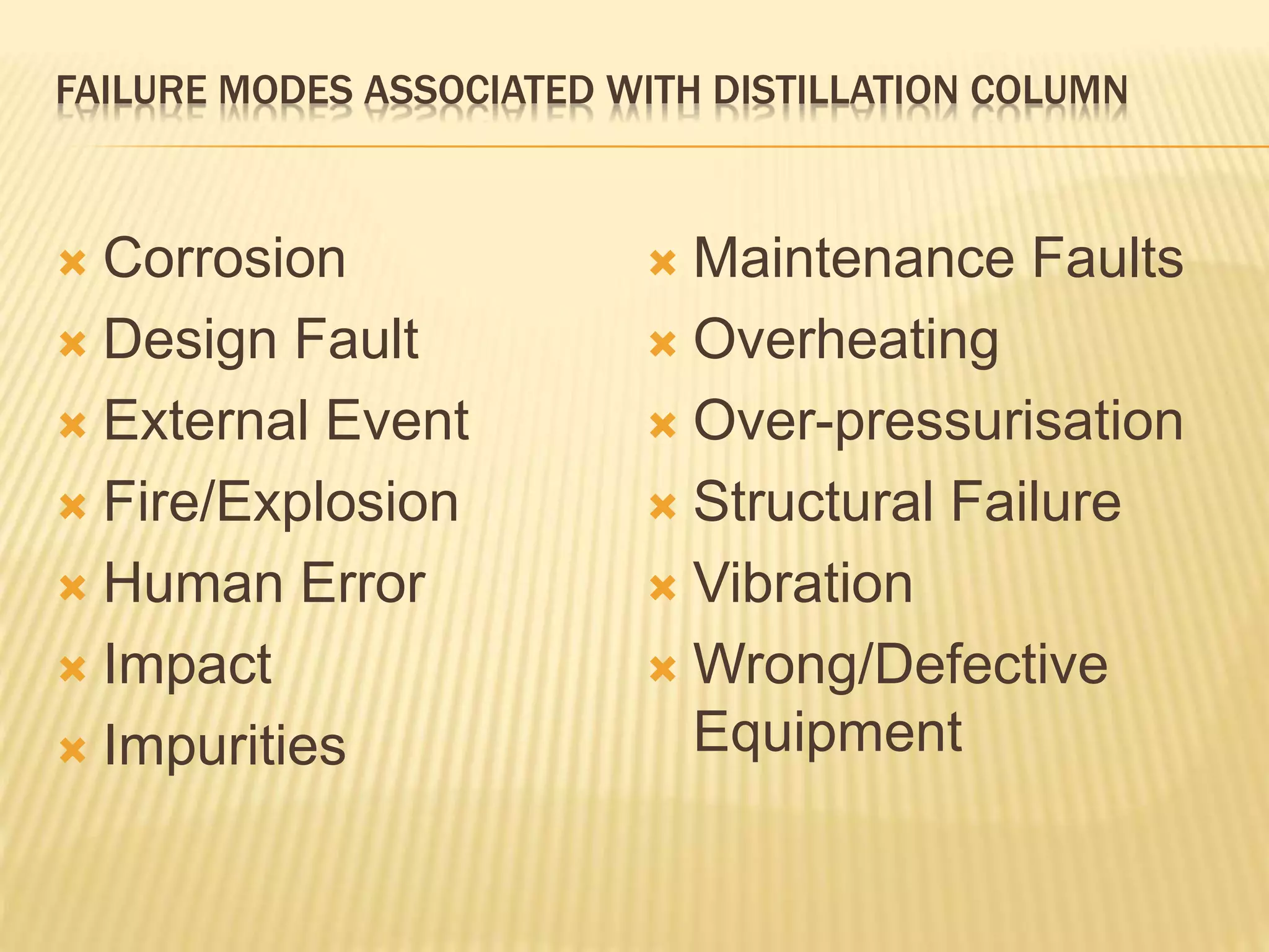 FAILURE MODES ASSOCIATED WITH DISTILLATION COLUMN
 Corrosion
 Design Fault
 External Event
 Fire/Explosion
 Human Error
 Impact
 Impurities
 Maintenance Faults
 Overheating
 Over-pressurisation
 Structural Failure
 Vibration
 Wrong/Defective
Equipment
 