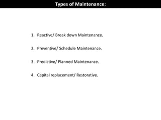 1. Reactive/ Break down Maintenance.
2. Preventive/ Schedule Maintenance.
3. Predictive/ Planned Maintenance.
4. Capital replacement/ Restorative.
Types of Maintenance:
 