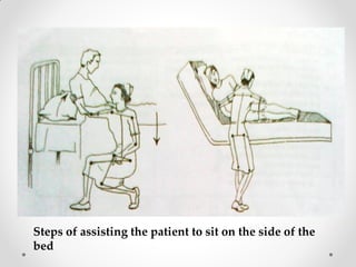 Steps of assisting the patient to sit on the side of the
bed
 