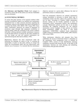 IJRET: International Journal of Research in Engineering and Technology ISSN: 2319-1163
__________________________________________________________________________________________
Volume: 02 Issue: 02 | Feb-2013, Available @ http://www.ijret.org 138
(C). Relevancy and Repetition Check: Each category is
reviewed to ensure that all the metrics are relevant. Redundant
ones are eliminated.
4.1 FUNCTIONAL METRICS
To ensure that plant operates at the required condition while
meeting its production targets at an optimal cost, maintenance
management has to make conscious decisions regarding the
maintenance objective and strategies that need to be pursued. It
is evident that (Kelly 1989; MESA 1995; Tsang 1999; Visser
2003), maintenance objectives are related to attainment of
production target (through high equipment availability) at
required quality within the constraints of the system condition
and safety, utilizing optimum available maintenance resources
so that the plant achieves its design life, the safety standard are
met, the energy use and raw material consumption are
optimized among the other factors (Dekker, 1996).
Maintenance objective has been summarized under the
following five headings (as shown in Fig. 1): ensuring the
functionality of plant so that plant achieves its design life
within the environmental safety and cost effectiveness with
effective use of resources. It is assumed that the maintenance
objectives pursued at a given plant influences the kind of
performance metrics or indicators used.
Once the maintenance objectives are outlined, maintenance
strategy formulation is necessary to decide which type of
maintenance needs to be done, when to do it and how often it
can be done. According to Pintelon (2006) maintenance
decision making can be broadly explained in terms of
maintenance action, maintenance policies and maintenance
concepts. Maintenance policies are the rules or set of rules
describing the triggering mechanism for the different
maintenance actions. Example of these policies are Failure
based maintenance (FBM), use based or time based
maintenance (UBM/TBM), condition based maintenance
(CBM), design out maintenance (DOM) (Madu, 2000; Pintelon,
2002; savsar, 2006).
When maintenance objectives and strategies have been
established, the success of functional metrics is dependent on
the maintenance work management cycle, as outlined by
Campbell (1995), consists of work identification, planning,
scheduling, execution and closing the job. At the heart of the
maintenance, functions are work planning and scheduling,
which defines what gets done and when.
Organizational
strategies
Manufacturing
Strategies
Maintenance Objective
Be able to operate as & when
required
Operate efficiently, accurately at
the required level
Operate without unscheduled
stoppage
Operate within safety &
environmental limit
1. Operate at minimum maintenance cost
2. Operate at designed speed
3. Product Quality
4. Reliability
Fig. 1 Maintenance Objective for Maintenance Department
 