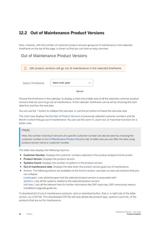 12.2 Out of Maintenance Product Versions
Here, a banner, with the number of customer product versions going out of maintenance in the selected
timeframe on the top of the page, is shown so that you can have an easy overview.
Banner
Choose the timeframe in the calendar, to display a chart and a table view of all the selected customer product
versions that are soon to go out of maintenance. In the calendar, timeframe can be set by choosing the start
date first and then the end date.
You can use the ^ button to collapse the overview, or use the pin button to freeze the overview view.
The chart view displays the Number of Product Versions of previously selected customer numbers and the
Month in which they go out of maintenance. You can use the zoom-in, zoom-out, or maximize functions for a
better view.
 Note
Here, the number of product versions of a specific customer number can also be seen by choosing the
customer number in Out of Maintenance Product Versions tab. In table view you can filter the data using
product version name or customer number.
The table view displays the following columns:
● Customer Number: Displays the customer numbers selected in the product analytics home screen.
● Product Version: Displays the product version.
● Systems Count: Displays the number of systems in the product version.
● Out of maintenance date: Displays the date when the product version goes out of maintenance.
● Actions: The following actions are available via the Actions button, and open as new sub-sections that you
can collapse:
Landscapes: Lists all landscapes that the selected product version is associated with.
Systems: Lists all the systems related to the selected product version.
Info links: Lists all the relevant links for further information like SAP road map, SAP community nework,
Installation/upgrade guide etc.
To download list of out of maintenance products, click on download button, that is, in right side of the table
section, as a CSV file. This downloaded CSV file will have details like product type, systems count etc. of the
products that are out for maintenance.
82 PUBLIC
Maintenance Planner - User Guide
Product Analytics
 