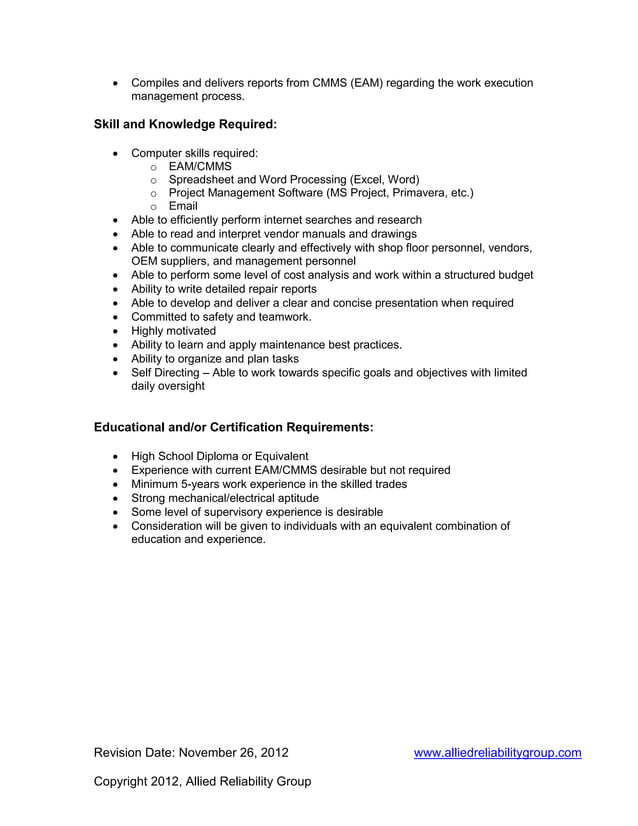 Maintenance Planner Job Description PDF