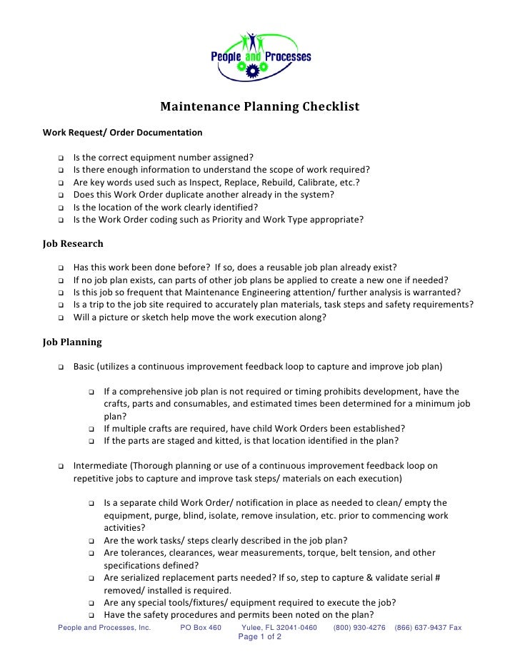 maintenance planning checklist