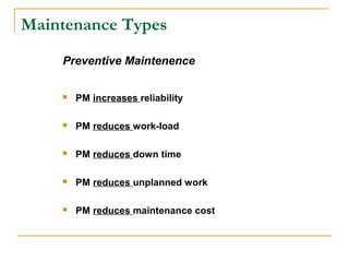 Maintenance Types
 PM increases reliability
 PM reduces work-load
 PM reduces down time
 PM reduces unplanned work
 PM reduces maintenance cost
Preventive Maintenence
 