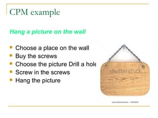 CPM example
Hang a picture on the wall
 Choose a place on the wall
 Buy the screws
 Choose the picture Drill a hole
 Screw in the screws
 Hang the picture
 