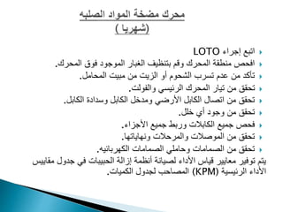 
‫اتبع‬
‫إجراء‬
LOTO

‫المحرك‬ ‫فوق‬ ‫الموجود‬ ‫الغبار‬ ‫بتنظيف‬ ‫وقم‬ ‫المحرك‬ ‫منطقة‬ ‫افحص‬
.

‫المحامل‬ ‫مبيت‬ ‫من‬ ‫الزيت‬ ‫أو‬ ‫الشحوم‬ ‫تسرب‬ ‫عدم‬ ‫من‬ ‫تأكد‬
.

‫الرئيسي‬ ‫المحرك‬ ‫تيار‬ ‫من‬ ‫تحقق‬
‫والفولت‬
.

‫الكابل‬ ‫وسدادة‬ ‫الكابل‬ ‫ومدخل‬ ‫األرضي‬ ‫الكابل‬ ‫اتصال‬ ‫من‬ ‫تحقق‬
.

‫خلل‬ ‫أي‬ ‫وجود‬ ‫من‬ ‫تحقق‬
.

‫جميع‬ ‫فحص‬
‫وربط‬ ‫الكابالت‬
‫األجزاء‬ ‫جميع‬
.

‫ونهاياتها‬ ‫والمرحالت‬ ‫الموصالت‬ ‫من‬ ‫تحقق‬
.

‫الصمامات‬ ‫وحاملي‬ ‫الصمامات‬ ‫من‬ ‫تحقق‬
‫الكهربائيه‬
.
‫جدو‬ ‫في‬ ‫الحبيبات‬ ‫إزالة‬ ‫أنظمة‬ ‫لصيانة‬ ‫األداء‬ ‫قياس‬ ‫معايير‬ ‫توفير‬ ‫يتم‬
‫مقاييس‬ ‫ل‬
‫الرئيسية‬ ‫األداء‬
(
KPM
)
‫الكميات‬ ‫لجدول‬ ‫المصاحب‬
.
 