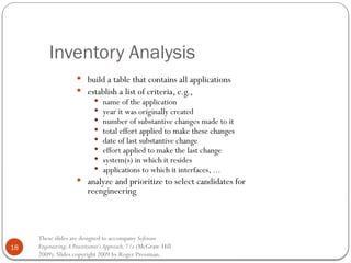 18
These slides are designed to accompany Software
Engineering:A Practitioner’s Approach,7/e (McGraw-Hill
2009). Slides copyright 2009 by Roger Pressman.
Inventory Analysis
 build a table that contains all applications
 establish a list of criteria, e.g.,
 name of the application
 year it was originally created
 number of substantive changes made to it
 total effort applied to make these changes
 date of last substantive change
 effort applied to make the last change
 system(s) in which it resides
 applications to which it interfaces, ...
 analyze and prioritize to select candidates for
reengineering
 