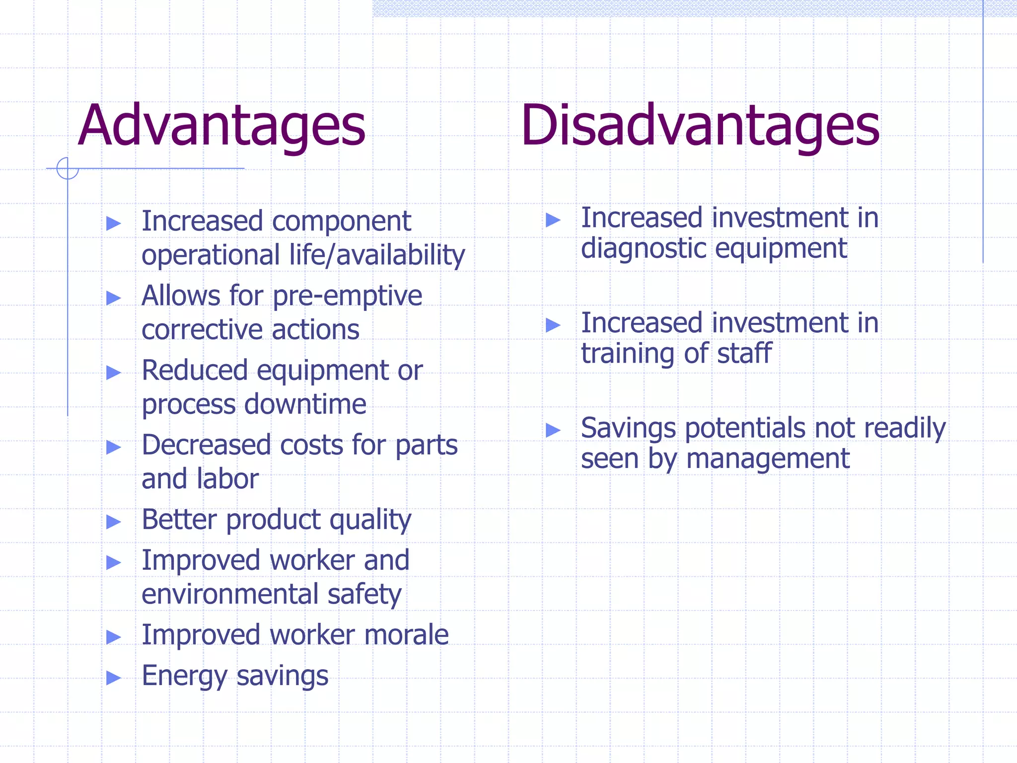 Advantages Disadvantages
► Increased component
operational life/availability
► Allows for pre-emptive
corrective actions
► Reduced equipment or
process downtime
► Decreased costs for parts
and labor
► Better product quality
► Improved worker and
environmental safety
► Improved worker morale
► Energy savings
► Increased investment in
diagnostic equipment
► Increased investment in
training of staff
► Savings potentials not readily
seen by management
 
