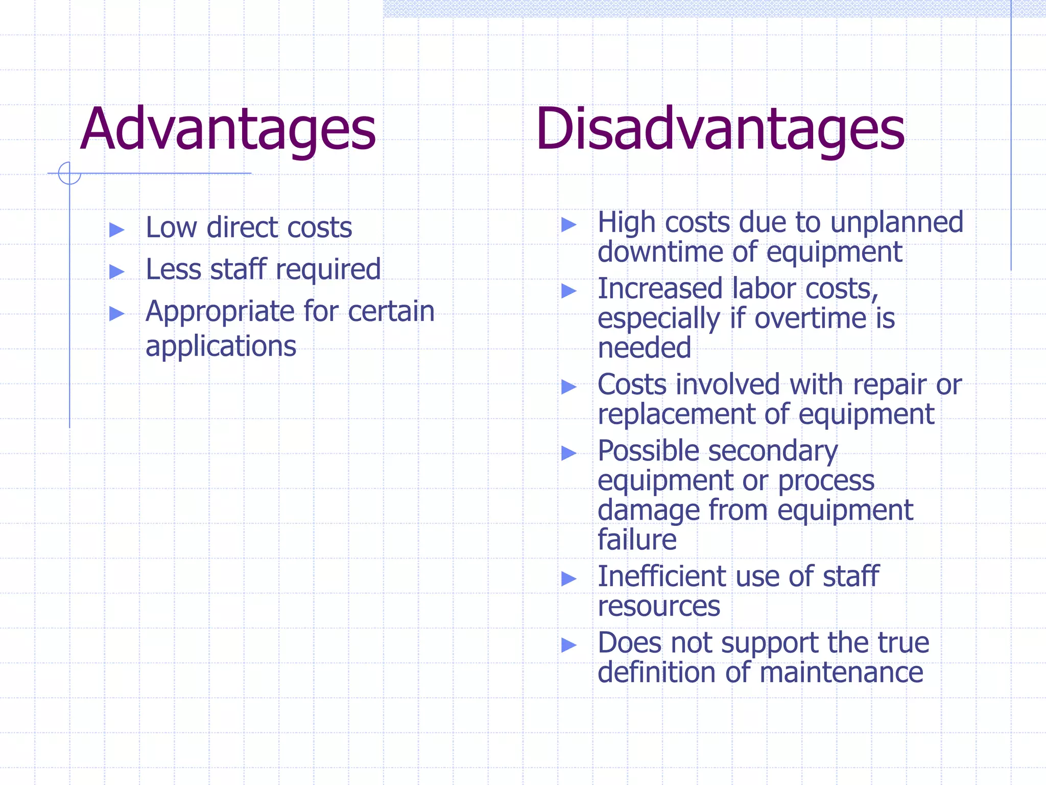 Advantages Disadvantages
► Low direct costs
► Less staff required
► Appropriate for certain
applications
► High costs due to unplanned
downtime of equipment
► Increased labor costs,
especially if overtime is
needed
► Costs involved with repair or
replacement of equipment
► Possible secondary
equipment or process
damage from equipment
failure
► Inefficient use of staff
resources
► Does not support the true
definition of maintenance
 