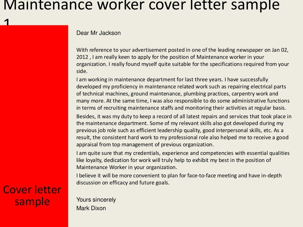 maintenance job cover letter examples
