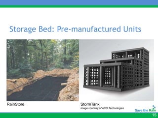 Storage Bed: Pre-manufactured Units




RainStore          StormTank
                   image courtesy of ACO Technologies

                                                        15
 