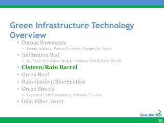 Green Infrastructure Technology
Overview
 ▫ Porous Pavements
      Porous Asphalt; Porous Concrete; Permeable Pavers
 ▫ Infiltration Bed
      Dry Well; Infiltration Bed; Infiltration Trench/Tree Trench
 ▫   Cistern/Rain Barrel
 ▫   Green Roof
 ▫   Rain Garden/Bioretention
 ▫   Green Streets
      Vegetated Curb Extensions; Sidewalk Planters
 ▫ Inlet Filter Insert


                                                                     39
 