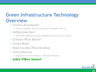 Green Infrastructure Technology
Overview
 ▫ Porous Pavements
      Porous Asphalt; Porous Concrete; Permeable Pavers
 ▫ Infiltration Bed
      Dry Well; Infiltration Bed; Infiltration Trench/Tree Trench
 ▫   Cistern/Rain Barrel
 ▫   Green Roof
 ▫   Rain Garden/Bioretention
 ▫   Green Streets
      Vegetated Curb Extensions; Sidewalk Planters
 ▫ Inlet Filter Insert


                                                                     63
 