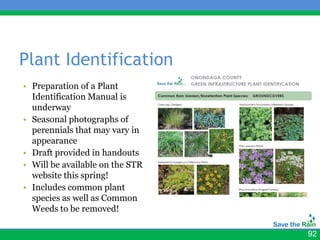 Plant Identification
• Preparation of a Plant
  Identification Manual is
  underway
• Seasonal photographs of
  perennials that may vary in
  appearance
• Draft provided in handouts
• Will be available on the STR
  website this spring!
• Includes common plant
  species as well as Common
  Weeds to be removed!

                                 92
 