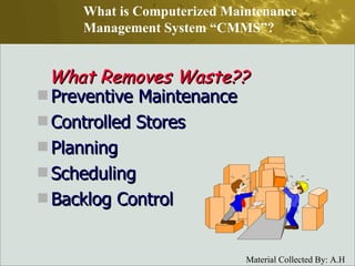 What Removes Waste?? Preventive Maintenance Controlled Stores Planning Scheduling Backlog Control What is Computerized Maintenance Management System “CMMS”? 