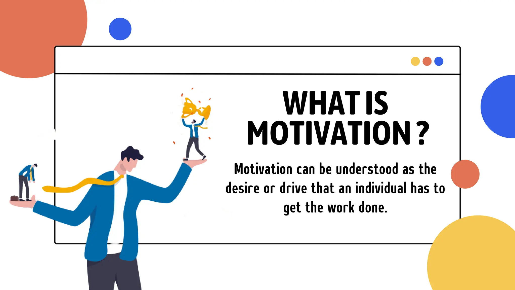 WHATIS
MOTIVATION?
Motivation can be understood as the
desire or drive that an individual has to
get the work done.
 