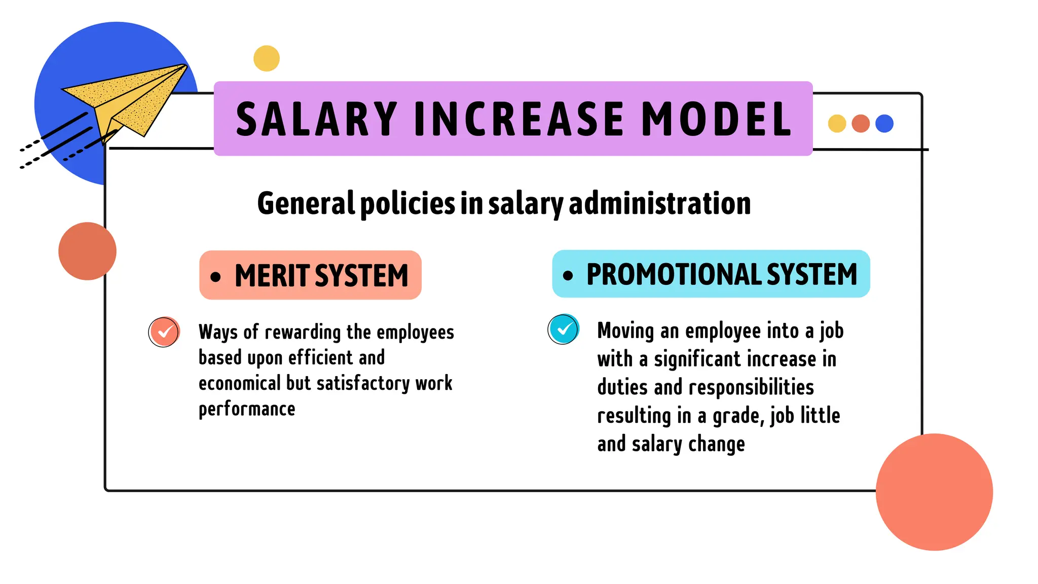Ways of rewarding the employees
based upon efficient and
economical but satisfactory work
performance
SALARY INCREASE MODEL
MERITSYSTEM
Moving an employee into a job
with a significant increase in
duties and responsibilities
resulting in a grade, job little
and salary change
PROMOTIONALSYSTEM
Generalpoliciesinsalaryadministration
 